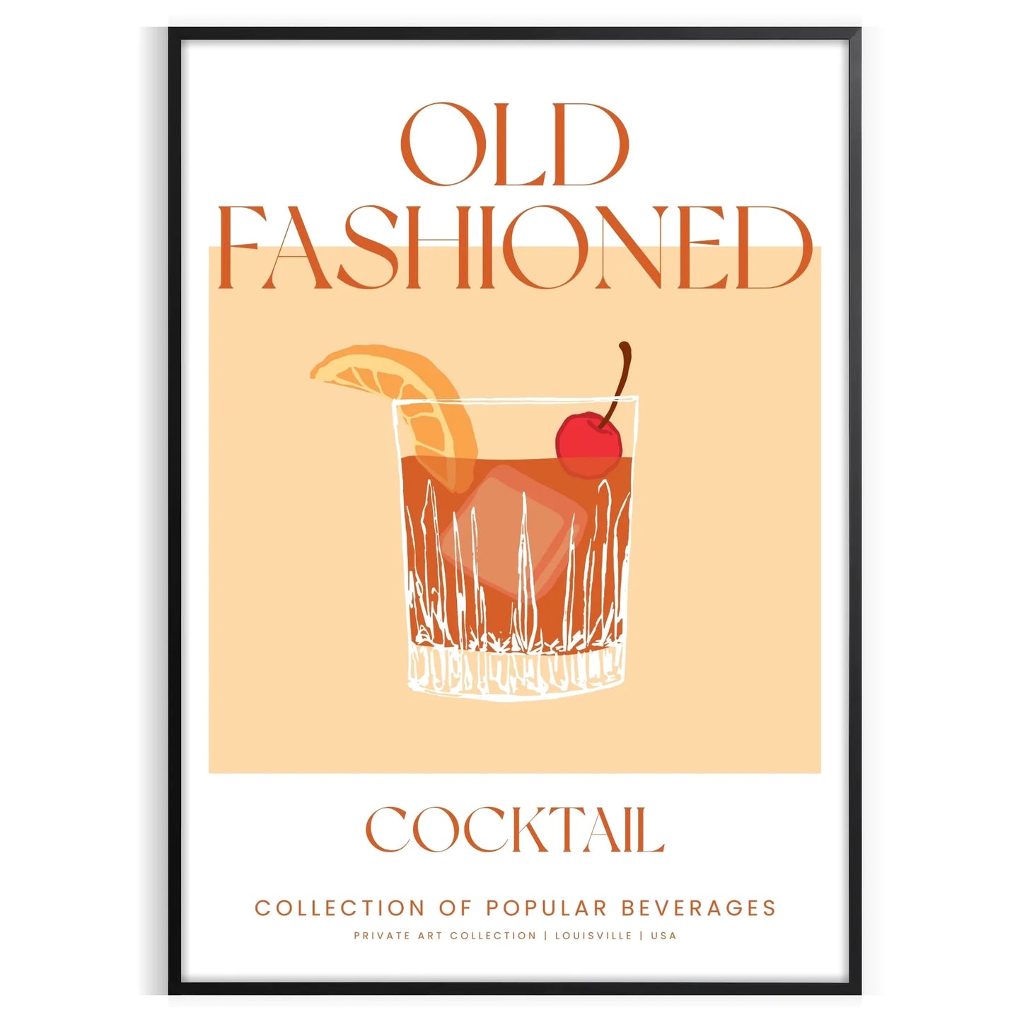 space vibrant Old Fashioned Cocktail Art poster bold orange red hues unique wall stylish gift print essence vintage charm sizes A4 cm A0
