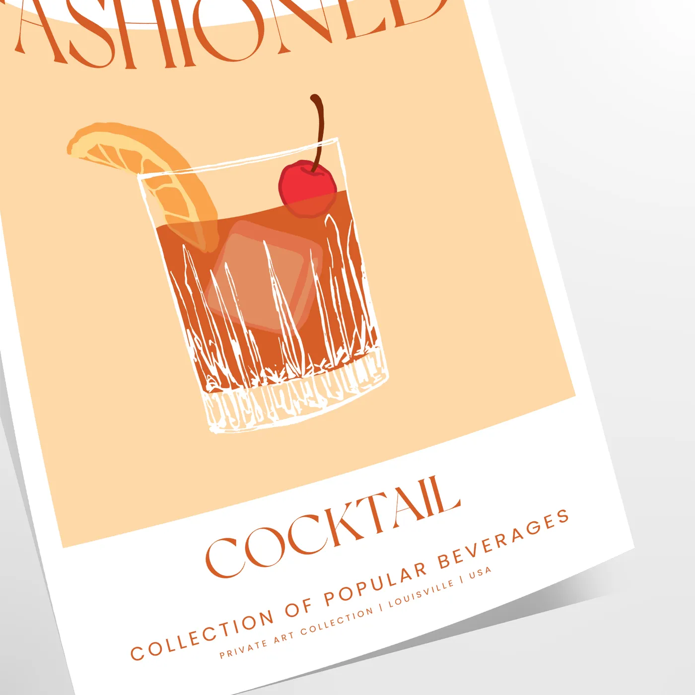 space vibrant Old Fashioned Cocktail Art poster bold orange red hues unique wall stylish gift print essence vintage charm sizes A4 cm A0