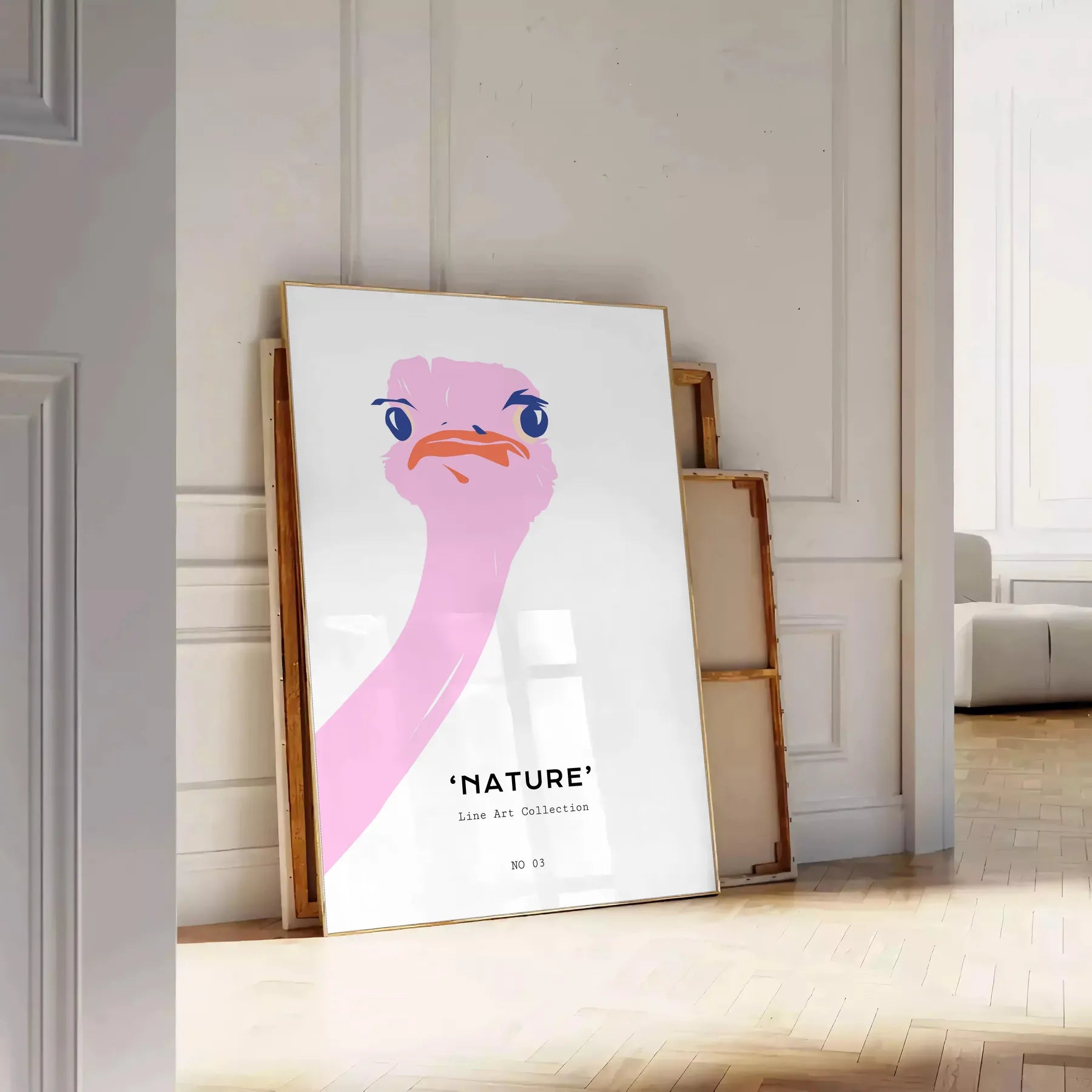 touch whimsy space Ostrich Animal Art Poster vibrant orange hues sleek gray backdrop print perfect wall modern decor ideal gift lovers unframed versions room today