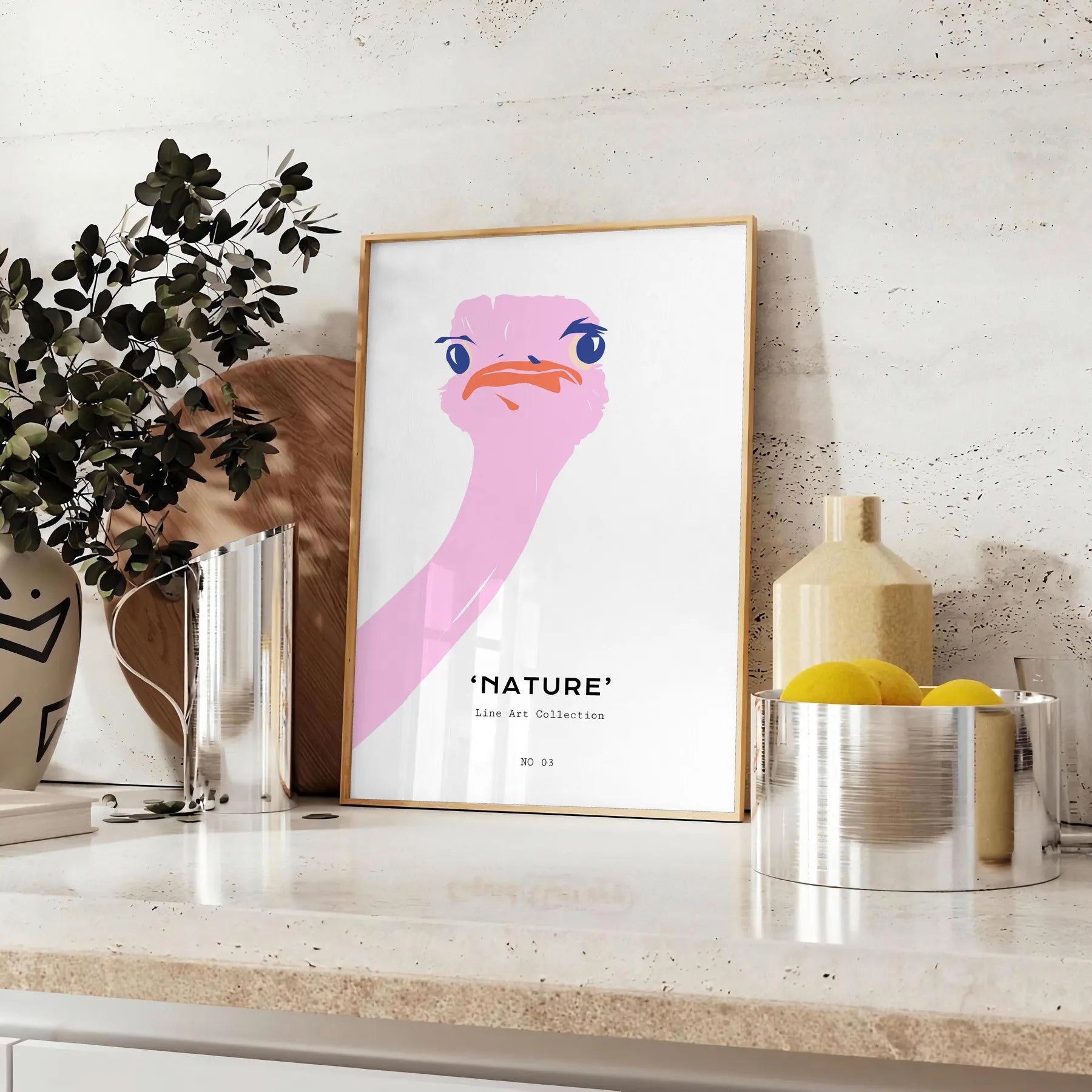touch whimsy space Ostrich Animal Art Poster vibrant orange hues sleek gray backdrop print perfect wall modern decor ideal gift lovers unframed versions room today