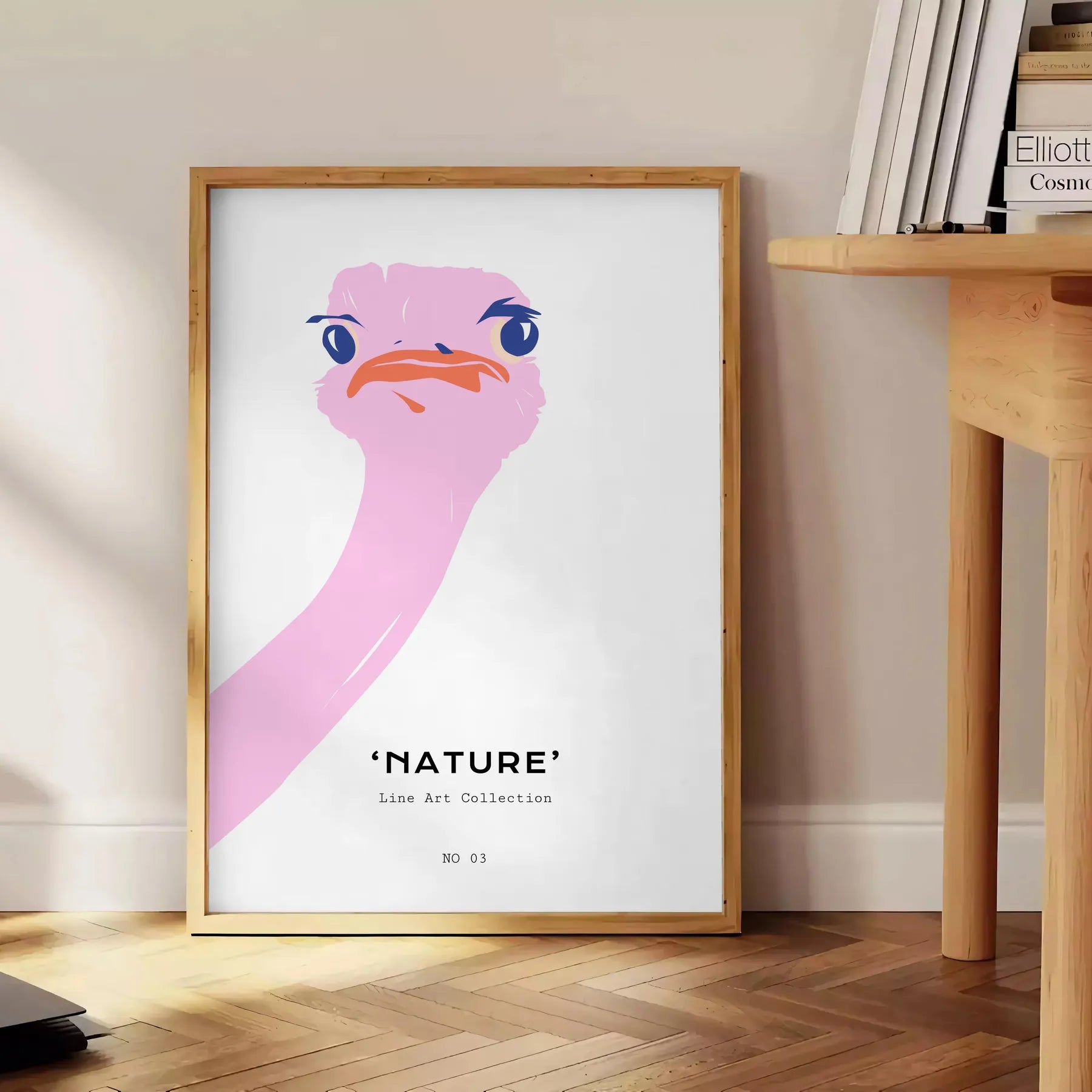 touch whimsy space Ostrich Animal Art Poster vibrant orange hues sleek gray backdrop print perfect wall modern decor ideal gift lovers unframed versions room today