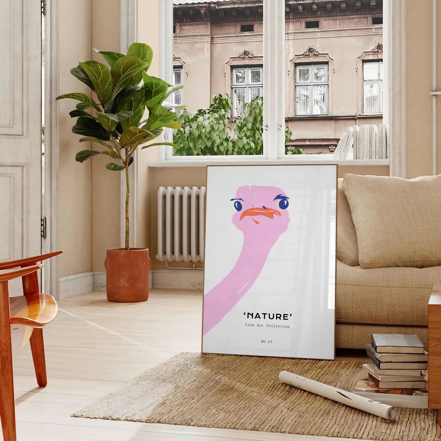 touch whimsy space Ostrich Animal Art Poster vibrant orange hues sleek gray backdrop print perfect wall modern decor ideal gift lovers unframed versions room today