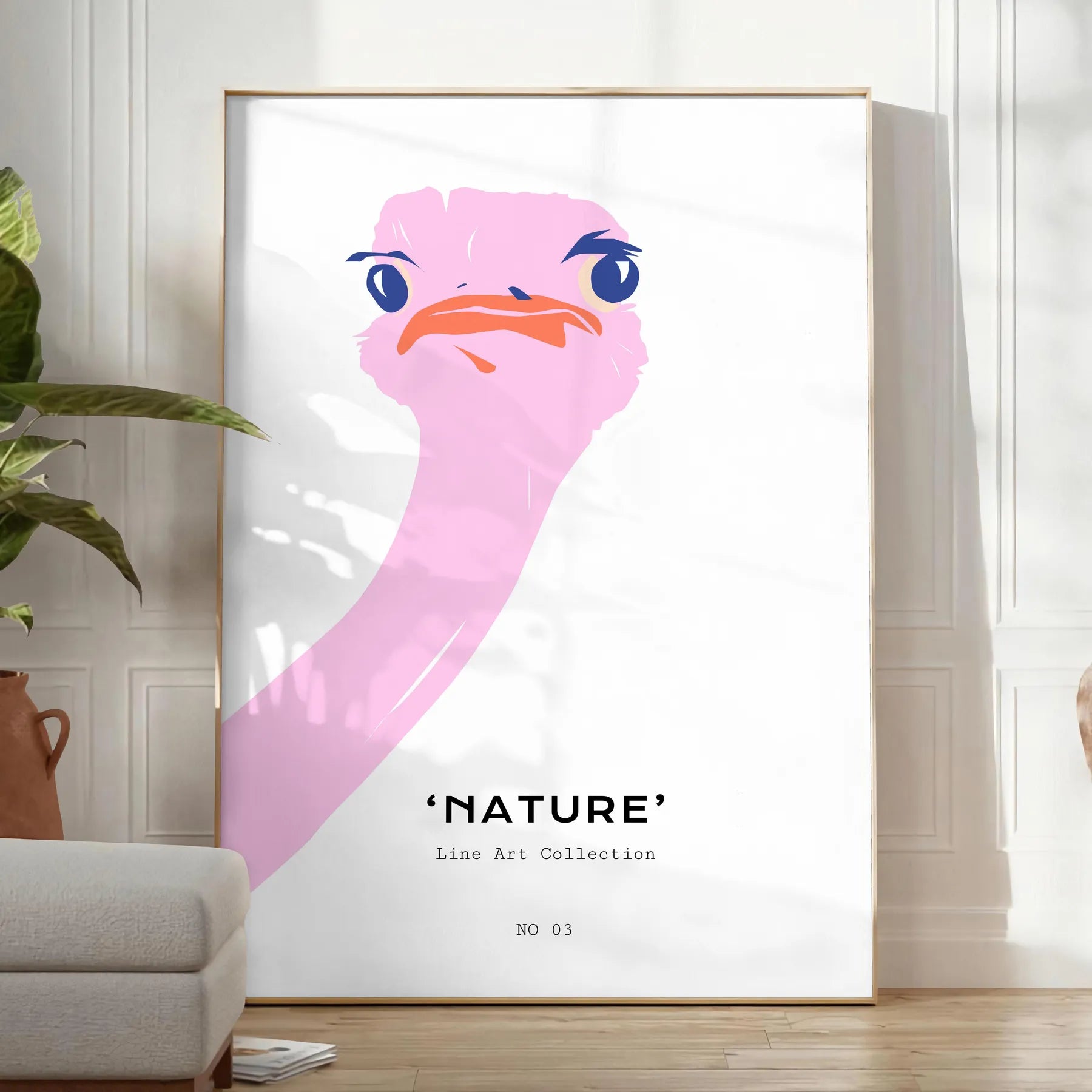touch whimsy space Ostrich Animal Art Poster vibrant orange hues sleek gray backdrop print perfect wall modern decor ideal gift lovers unframed versions room today