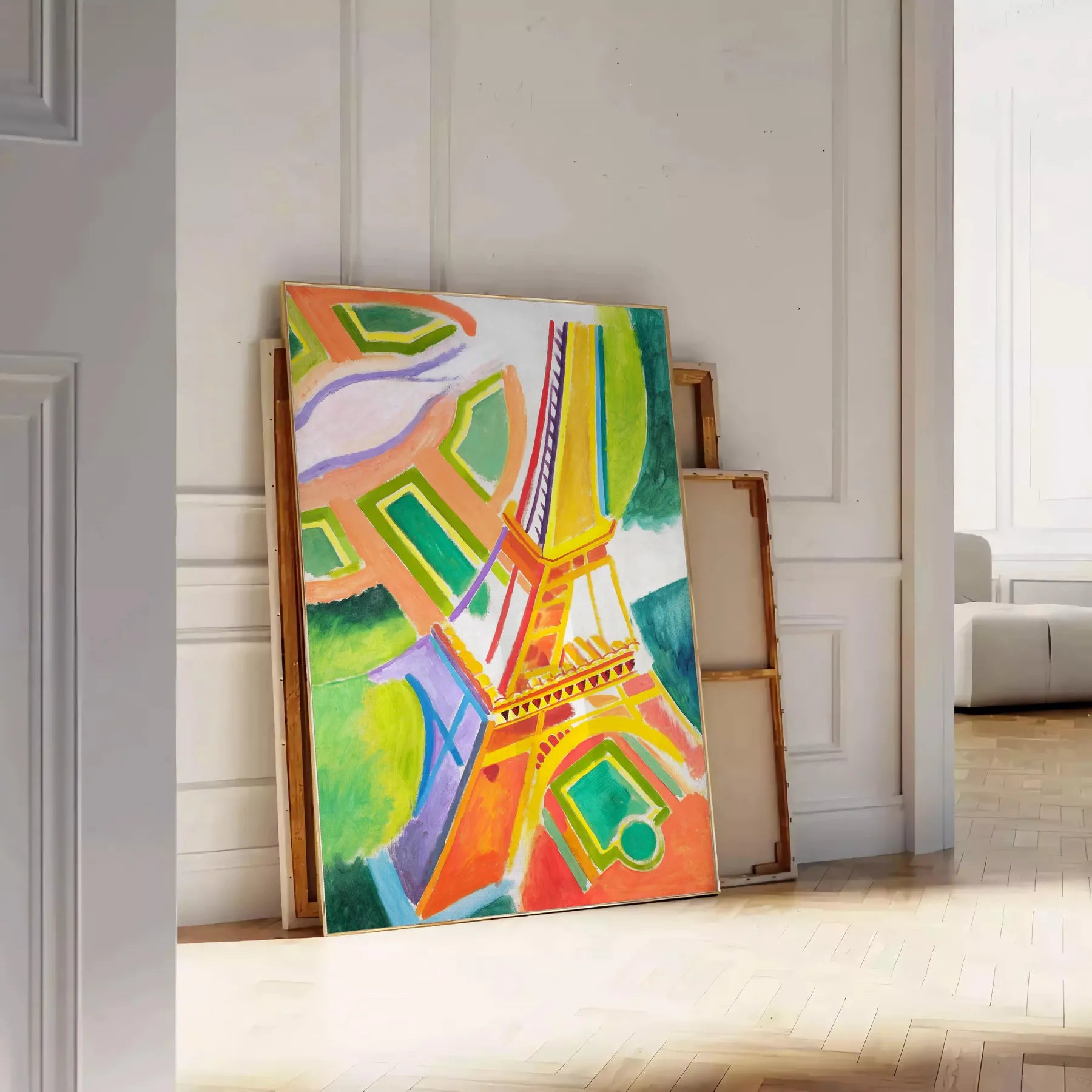 space Paris graphic poster stunning blend vibrant orange blue eye wall art perfect gift touch elegance room sizes A4 cm A0