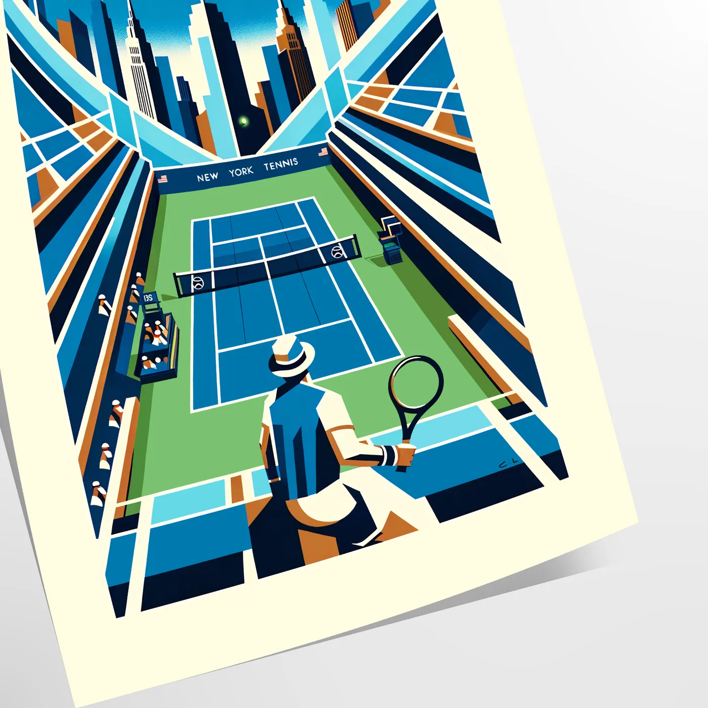 Vintage New York tennis poster inspired by New York and the US Open elegant living room interior framed print