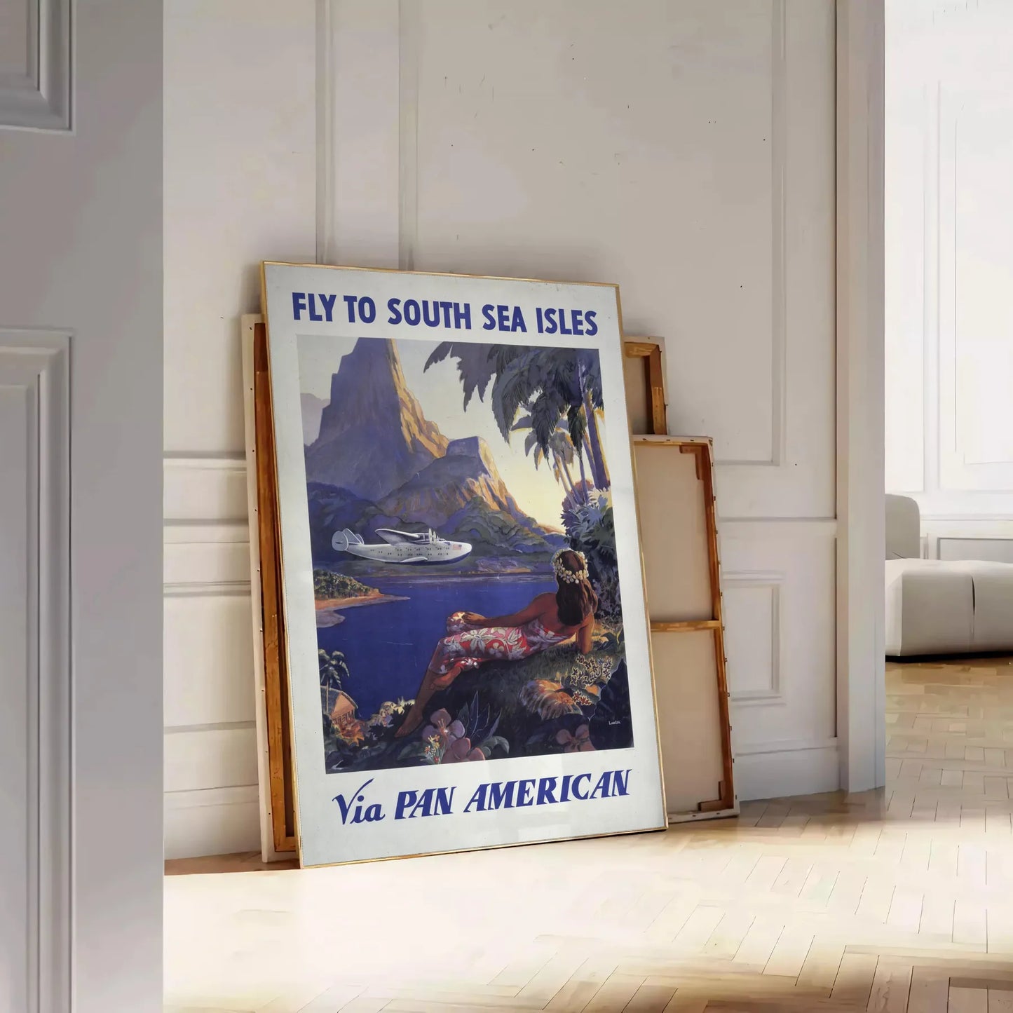 charm vintage travel Pan American poster timeless gray green palette captivating wall art perfect gift lovers space stunning print sizes A4 cm A0