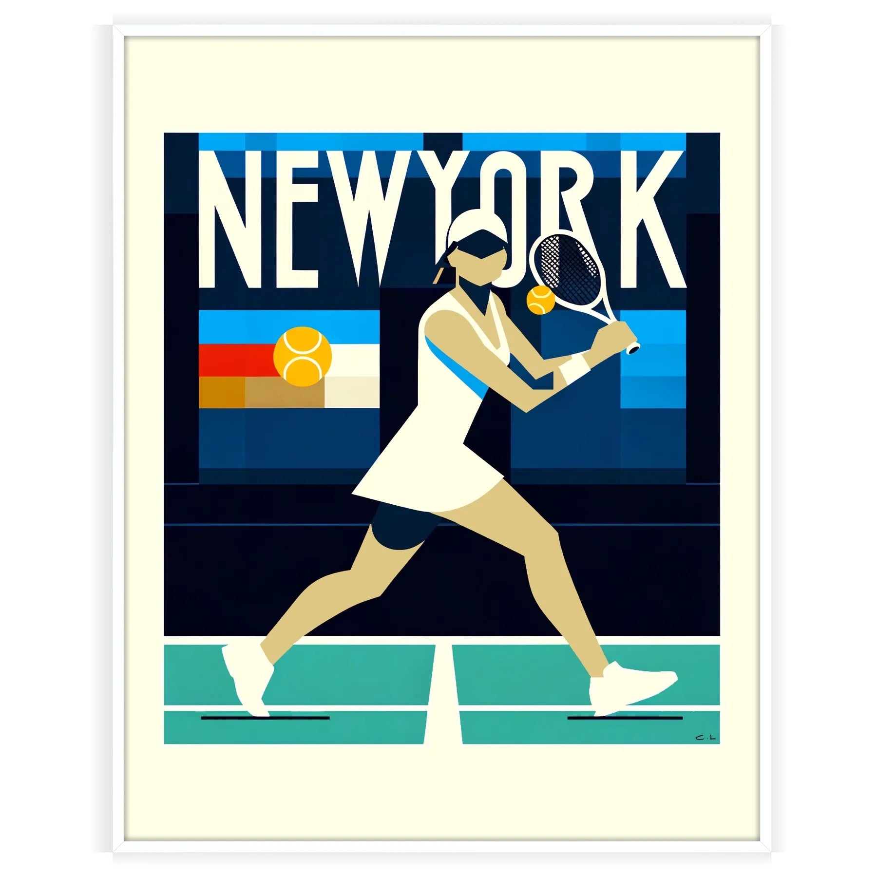 Vintage New York Lady tennis poster inspired by New York and the US Open elegant living room interior framed print