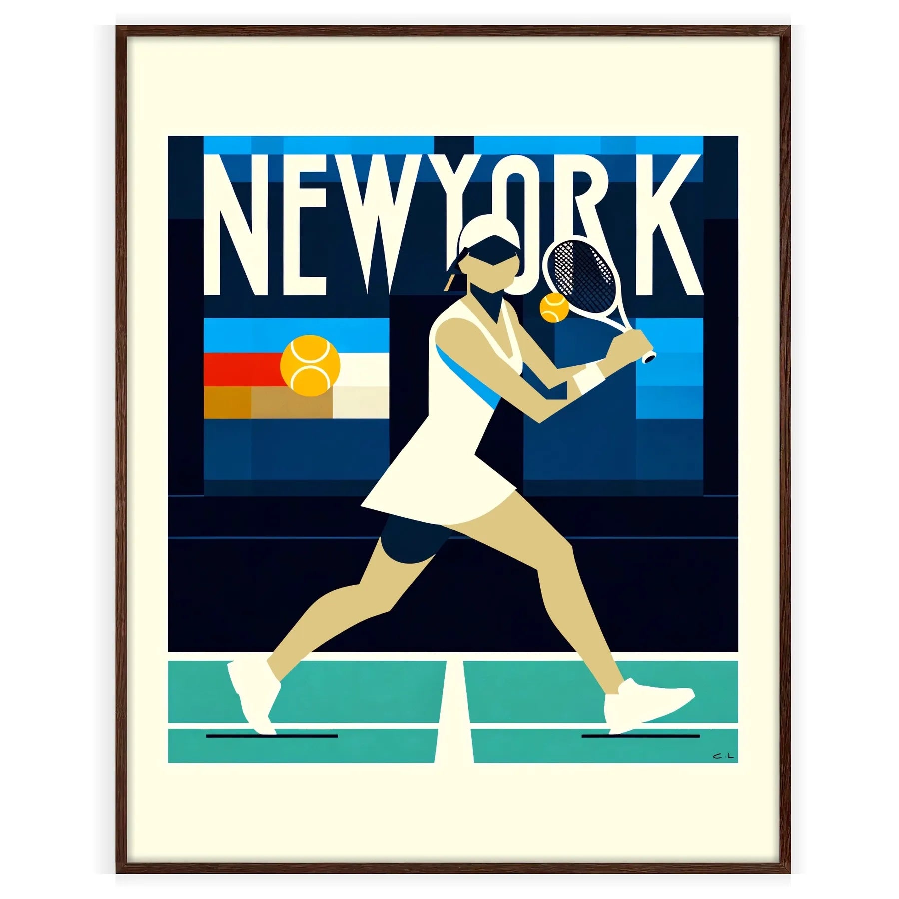 Stylish New York Lady tennis poster capturing the energy of New York and the US Open elegant living room interior framed print